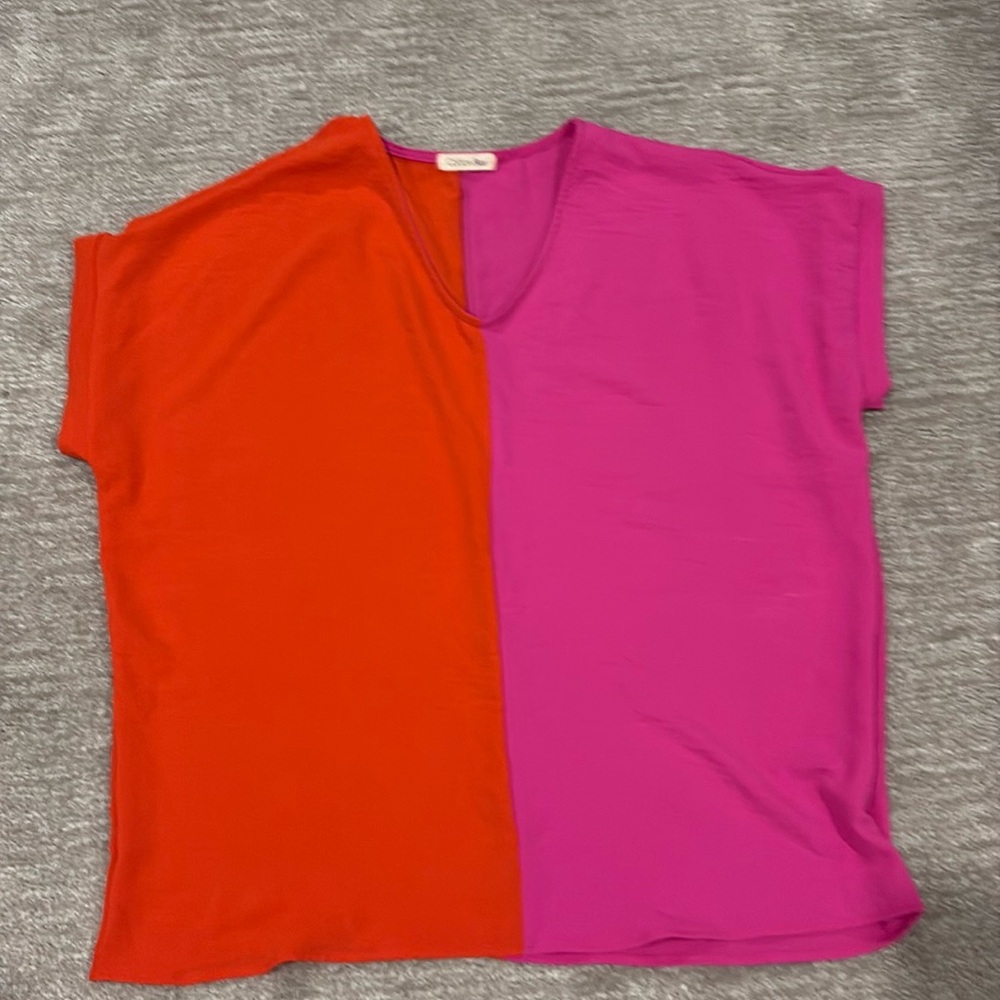 Pink and orange/red color block top